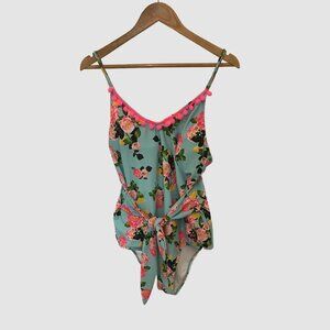 Betsy Johnson Floral One Piece Swimsuit With PomPom Trim